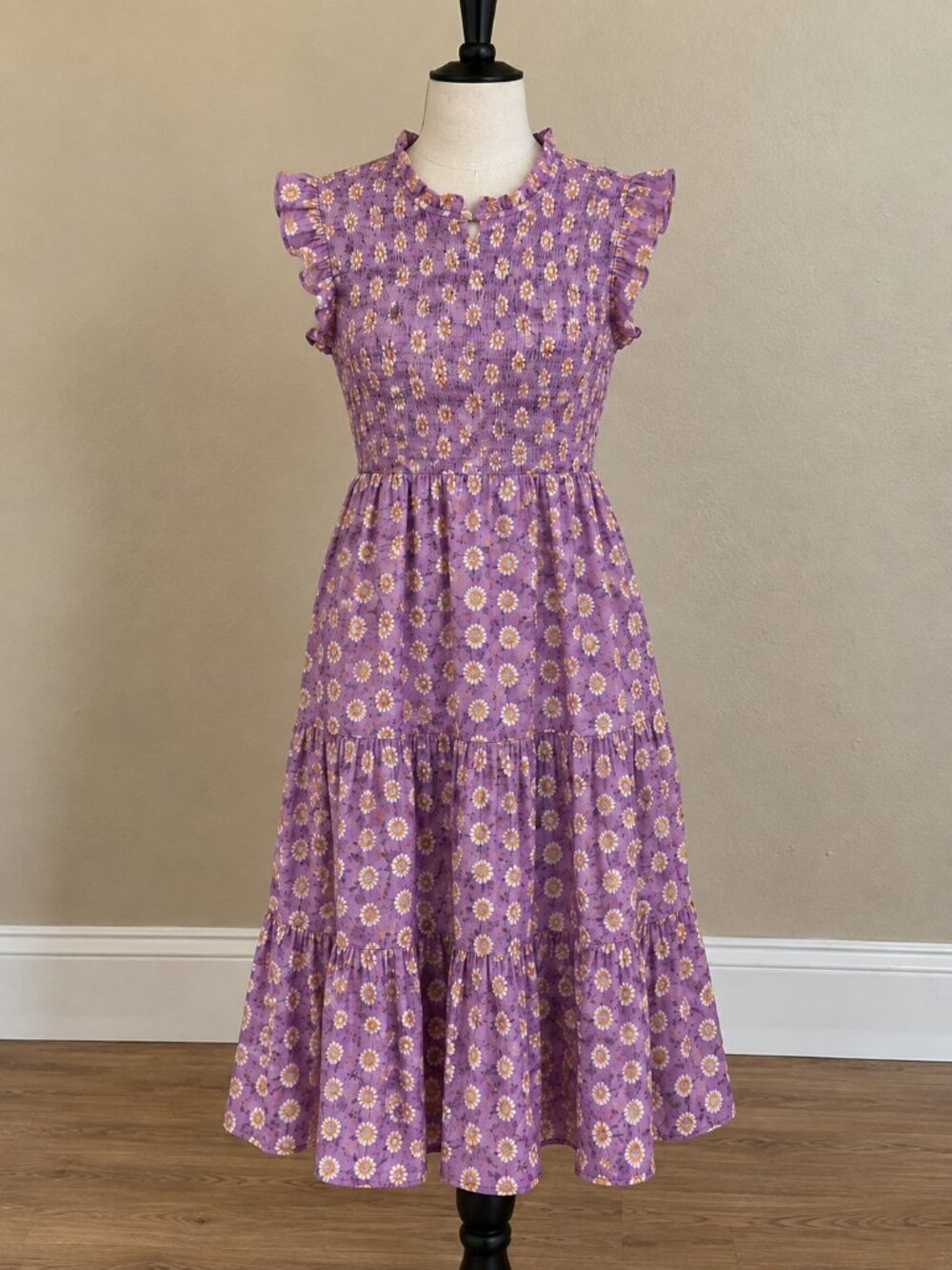 NWT THML Lavender Floral Smocked Cotton Tiered Midi Dress XL Purple